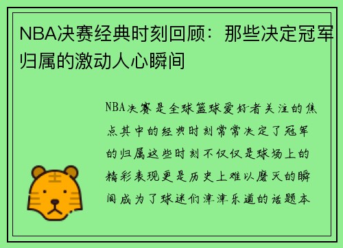 NBA决赛经典时刻回顾：那些决定冠军归属的激动人心瞬间