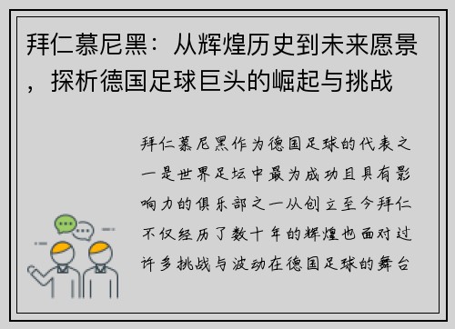 拜仁慕尼黑：从辉煌历史到未来愿景，探析德国足球巨头的崛起与挑战